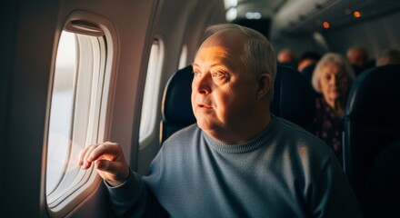 Obraz premium Elderly man with Down syndrome gazing out airplane window with sunlight on face