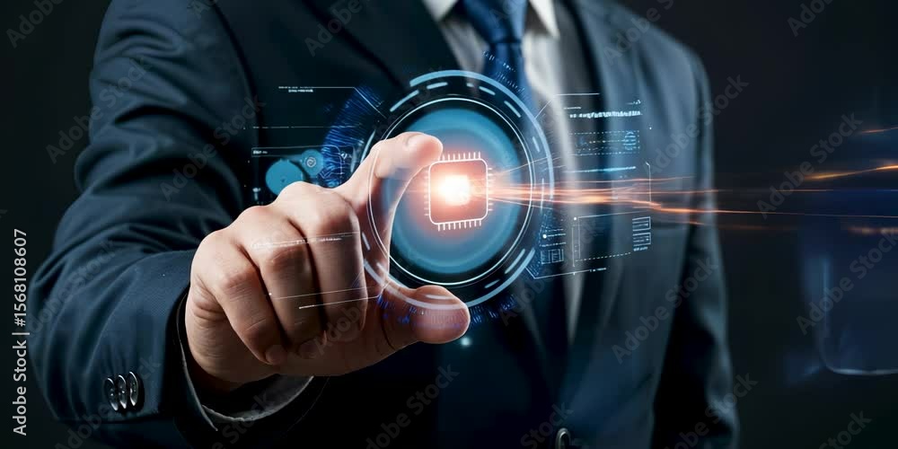 Poster businessman interacting with holographic ai interface, symbolizing artificial intelligence, automati