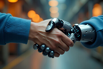 Human and AI Robot Handshake in Futuristic Server Room – Artificial Intelligence Collaboration Concept