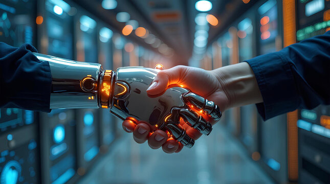 Human and AI Robot Handshake in Futuristic Server Room – Artificial Intelligence Collaboration Concept