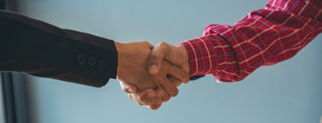 Banner Lawyer teamwork partnership Businessman handshake together. Panorama Two Men Trust honesty...