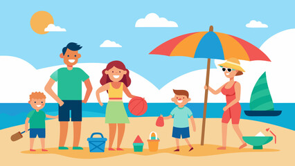 Happy family enjoying summer vacation on the beach with kids playing and parents relaxing under a colorful umbrella