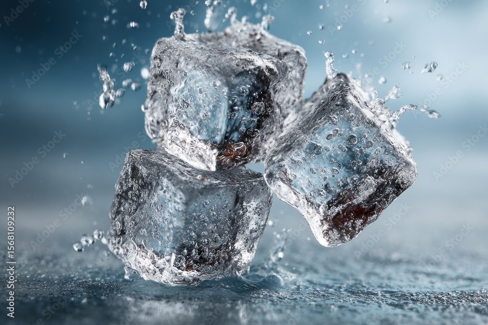 Poster ice cubes appear to float as water droplets burst around them, creating a lively moment that capture