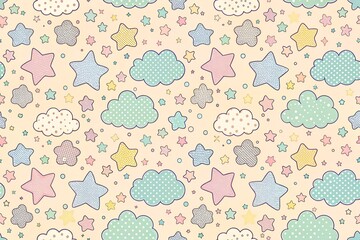 Playful Pastel Clouds and Stars Seamless Pattern