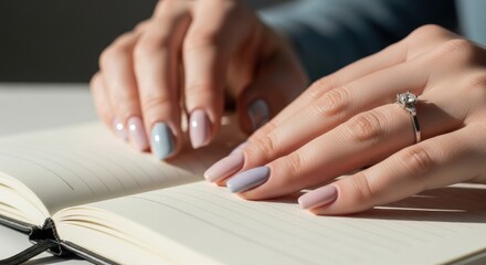 Close-up of female hands with manicured nails and engagement ring on open notebook