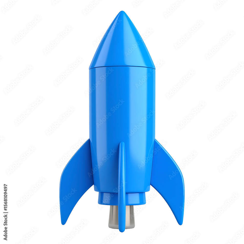 Poster glossy blue 3d rocket tilted upward on transparent background clean design and smooth round tip