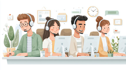 Diverse customer service team working together happily
