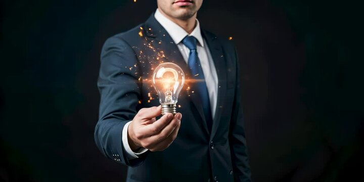 Businessman holds glowing lightbulb with holographic elements, symbolizing innovation, problem solving, solution, brainstorming, and creative thinking in idea business strategy.