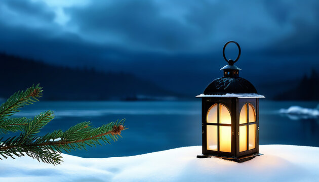 A glowing lantern illuminates a snowy landscape on a tranquil night