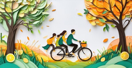 Family enjoys bike ride. Paper cut style illustration depicts autumn scenery, vibrant colors, cheerful mood. Trees, citrus fruits present.