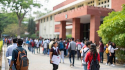 Blurred university entrance during exam season with Indian students gathering
