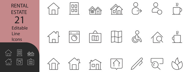 Rental estate best editable line icons collection. Includes house, apartment, map, laundry, user, location, wheelchair access, coffee, and home search related symbols.