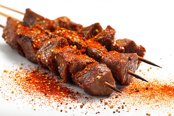 Juicy grilled beef skewers sprinkled with red paprika for bold flavor