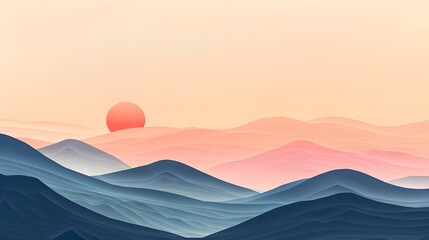 Serene mountain scene with soft sunlight filtering through morning mist, pastel tones of salmon, beige, and lavender smooth matte texture.