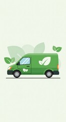 Green van with leaf logo, representing eco friendly delivery and sustainable transport. Vector illustration for green business.