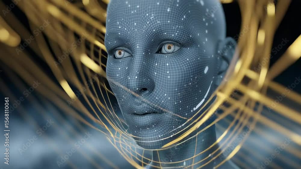 Poster futuristic humanoid robot with digital features and glowing lines, representing advanced technology,