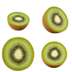 Fototapeta premium Sliced kiwi fruit in various angles showcasing green flesh and seeds, transparent background