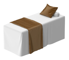 High-angle isometric view of a spa massage table with pillows and bed runner, isolated on a neutral background. 3D render.