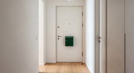Fototapeta premium White front door of a modern house interior with a green mailbox. Contemporary home entrance with hardwood floor.