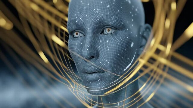 Futuristic humanoid robot with digital features and glowing lines, representing advanced technology, artificial intelligence, and the intersection of humanity and machine in a captivating visual narra