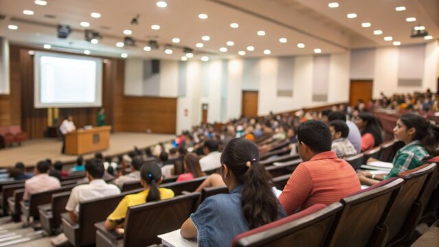 Blurred college auditorium filled with Indian students attending academic conference
 - Powered by Adobe