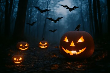 Obraz premium Halloween Night Pumpkins Glowing in a Dark Forest Landscape Horror