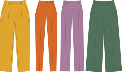 Women’s fashion pants flat sketch, colorful trousers technical drawing, stylish clothing design, wide leg and straight leg pants illustration flat vector illustration