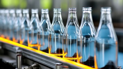 Glass water bottles on an automated conveyor belt in a factory