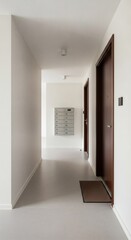 Modern apartment corridor with mailboxes and wooden doors. Minimalist hallway design. Clean residential building interior for home concept.