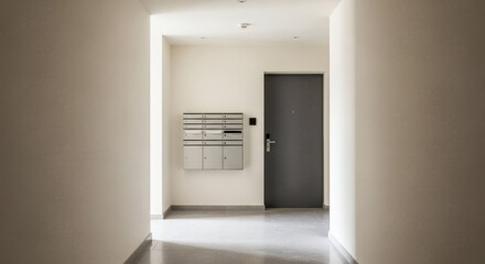 Empty apartment hallway interior with mailboxes and door. Modern residential building corridor for property and real estate concept.