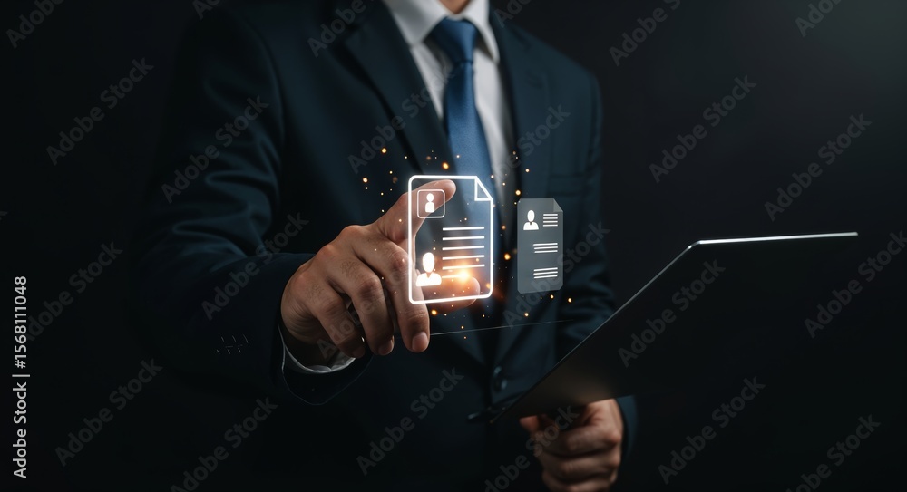 Poster businessman verifying digital identity and kyc documents via smart tech, representing secure authent