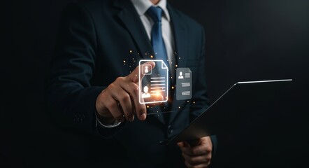 Businessman verifying digital identity and KYC documents via smart tech, representing secure authentication, data protection, and onboarding in modern digital business platforms.