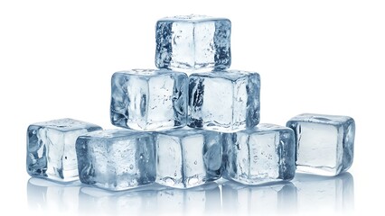 Collection of transparent ice cubes with natural reflections, isolated on clean white background for chill-themed visuals.