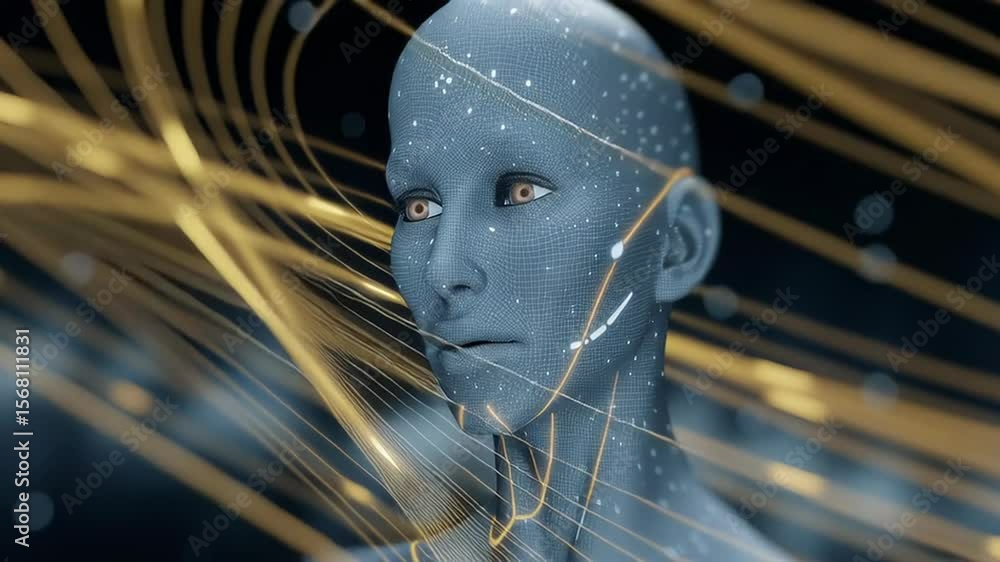 Poster futuristic humanoid figure with digital features and flowing golden lines, representing advanced tec