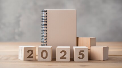 Minimalist Spiral Kraft Notebook with Wooden Number Blocks – Year 2025 on Light Gray Cement Background