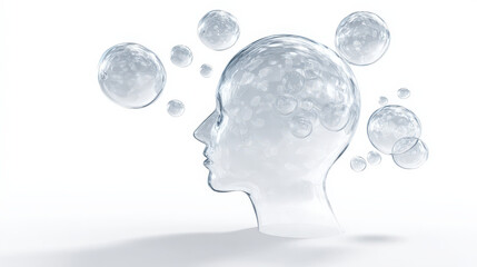Transparent human head silhouette with floating bubbles around it representing thoughts or mental processes white background digital art