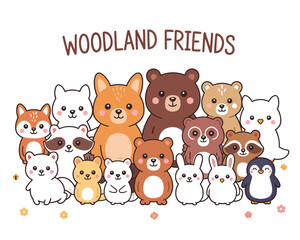 Obraz premium Friendship in the Woods: Cute collection of charming woodland creatures comes together. Capture the magic of friendship, in the heartwarming world of adorable forest animals.