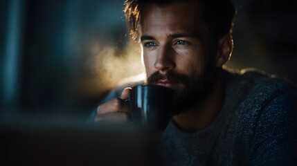 A man sipping coffee while working on a laptop in the morning light