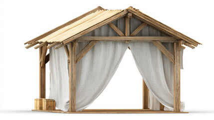 Wooden outdoor stage with fabric curtains rustic design natural materials open structure suitable for performances or events simple and charming