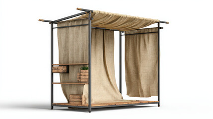 Small outdoor shelter with fabric curtains and wooden shelves, designed for relaxation or gardening, featuring metal frame and natural beige