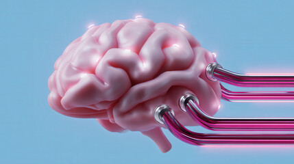 Digital of human brain with metallic tubes connected to it, symbolizing data transfer or neural interface, set against blue