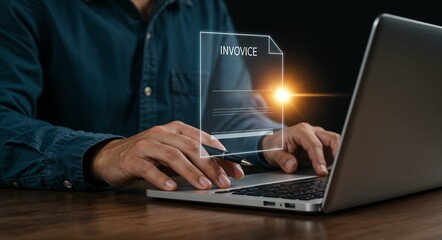 Businessman using laptop to manage a holographic digital invoice. Ideal for concepts like e-invoice, online billing, tax, and modern digital accounting and tax processing solutions.
