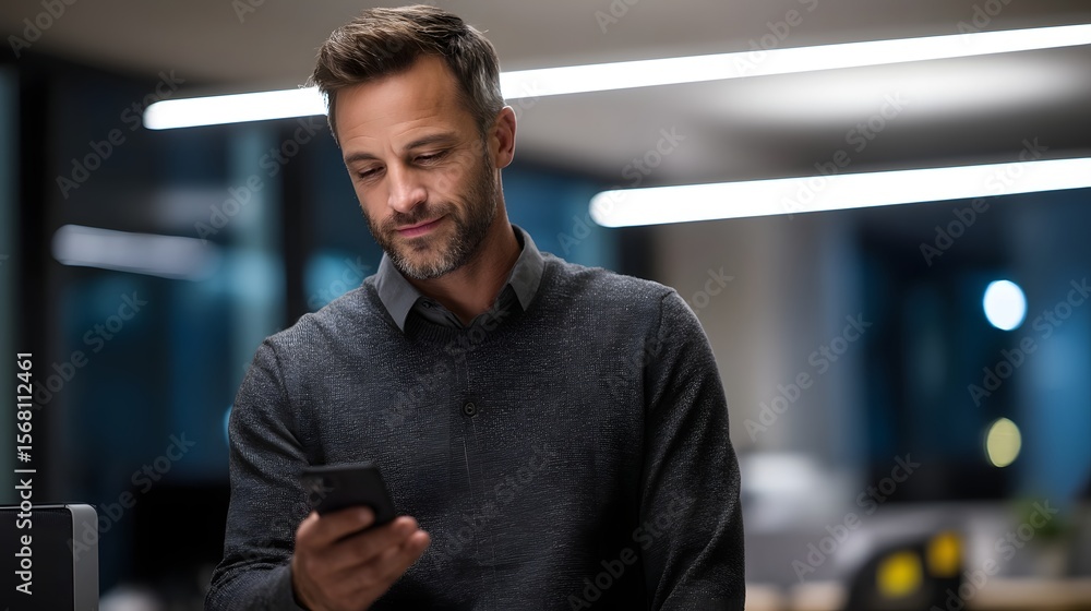 Poster professional checking phone notifications in office cubicle