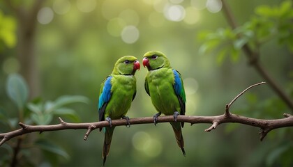 Two green lovebirds sitting close together on tree branch in bright green forest bokeh light