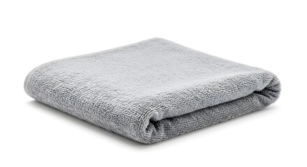 A folded, light gray towel isolated on a clean, white background.