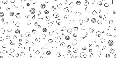 Seamless Black and White Geometric Pattern Featuring Icons, Symbols, Shapes, and Charts. Ideal For Abstract Design, Education Materials, or Creative Backgrounds.