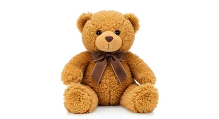 Obraz premium A brown teddy bear with a brown bow sits on a plain white background.