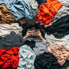 Child playing with camera surrounded by colorful laundry pile
