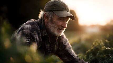 Elderly farmer harvesting vegetables in a field