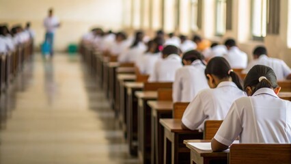 Blurred classroom scene with Indian students seated for examination in formal setting
